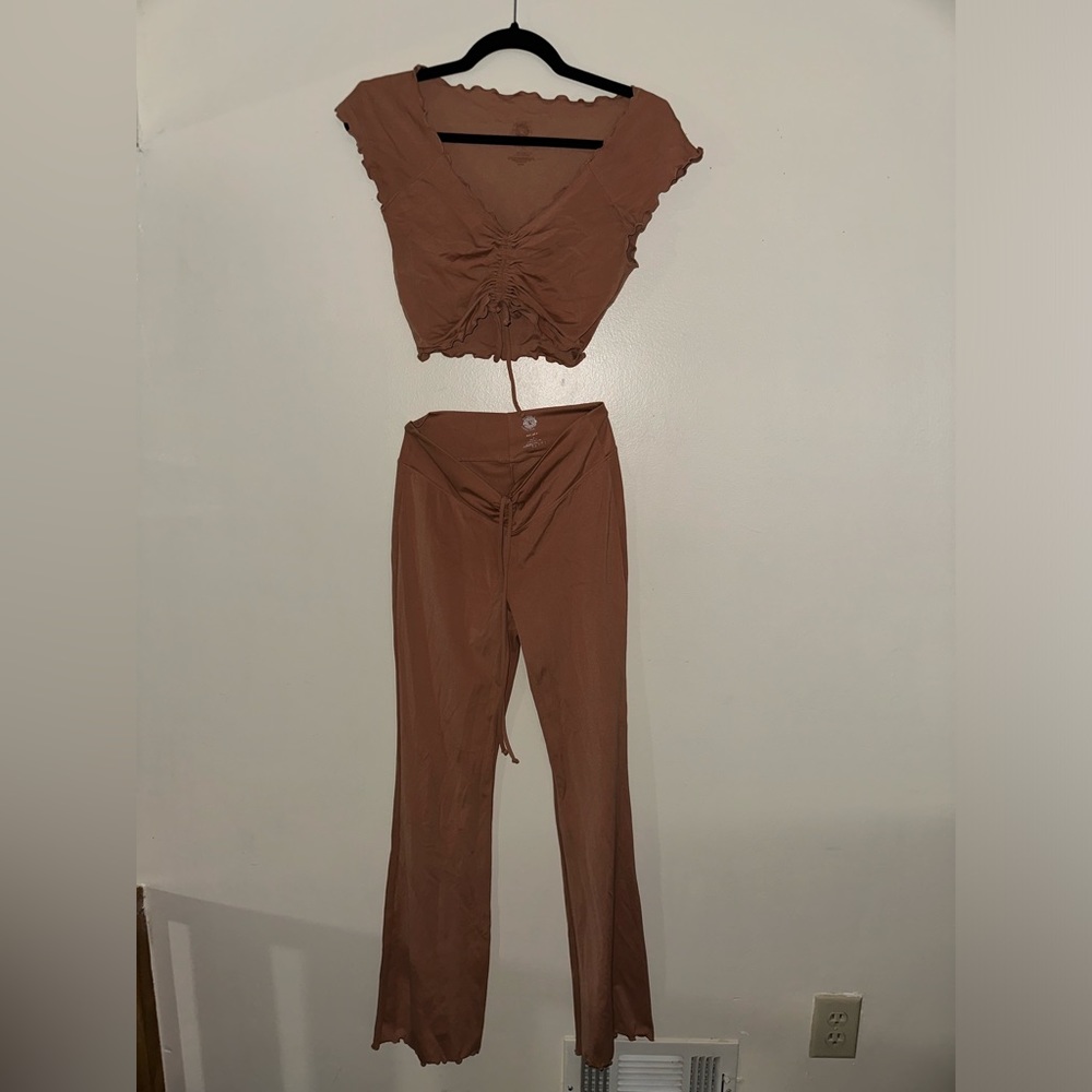 PACSUN Buttery Soft Frill Trim Cinched Top & Bottom Pant Set